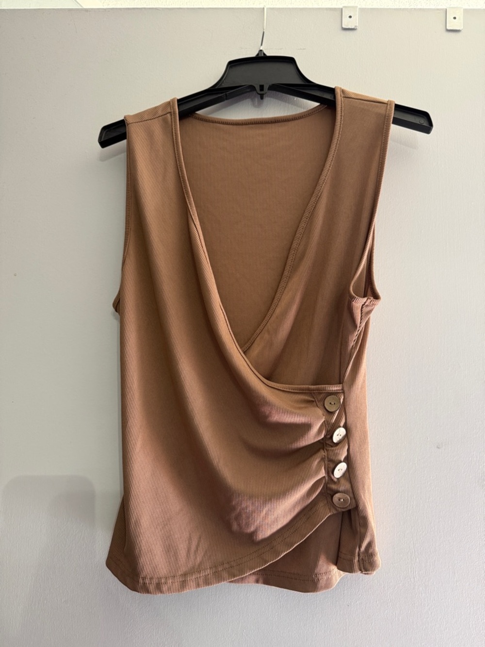 Sleeveless Draped Wrap Tank Top with Button Detail - Brown